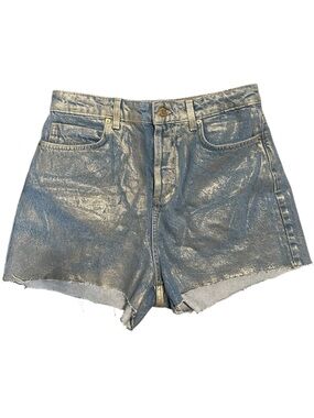 Zara Metallic Silver Blue Denim Cutoff Shorts